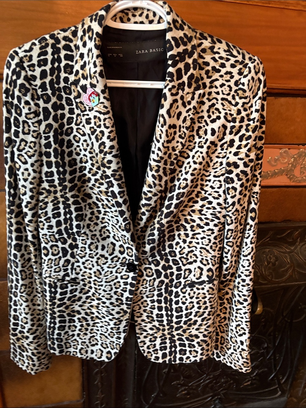 Zara Leopard Print Single-Button Blazer in Black and Cream